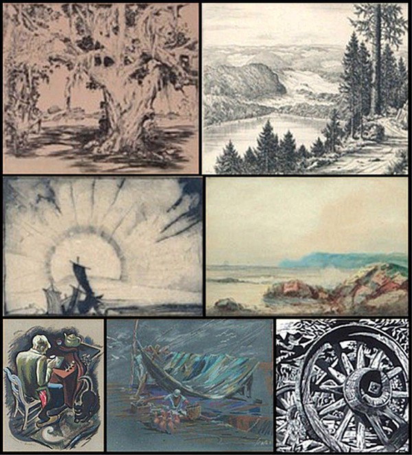 Alfred Hutty, Ferdinand Door, B. L. Sloan, Europea: Alfred Hutty, PEAT MOSS IN TREES, etching, signed in pencil, image 9 x 10", with full margins, toning; Together with Ferdinand Dorr, LAKE IN FORREST, engraving, signed in pencil, image 10 x 11 ½", wi