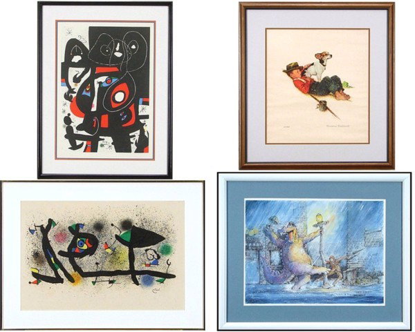 attributed to: Miro, Norman Rockwell, Rodecker: JOFA KIM; UNTITLED, two color lithographs, each with signature in design, the first image 23 ½ x 16 ½", full margins, the second sight 16 ¾ x 25" and with possible toning; Together with after Norma