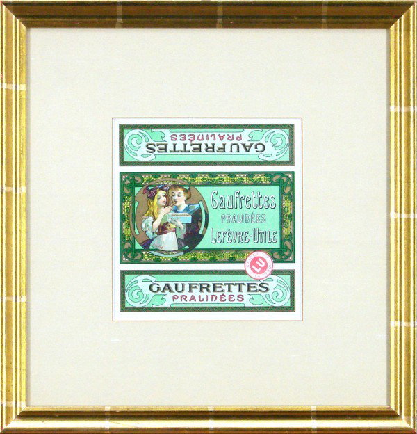 Alphonse Maria Mucha (1860-1939) Czech: GAUFRETTES PRALINEES, c.1900, color lithograph, image 7 x 6 ½", full margins, framed with glass, a few soft handling creases, otherwise in good condition. Provenance: Merrill Chase Galleries