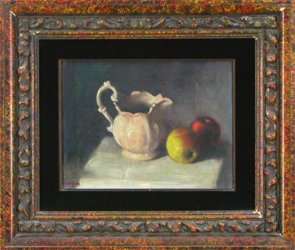 Eleanore Perry (20th Century) American: PITCHER & APPLE, 1948, oil painting on canvas, signed and dated lower left, 12 x 16", hairline cracks, surface soiling, hazing; STILL LIFE, oil painting, oil painting on canvas, initialed lower left, 