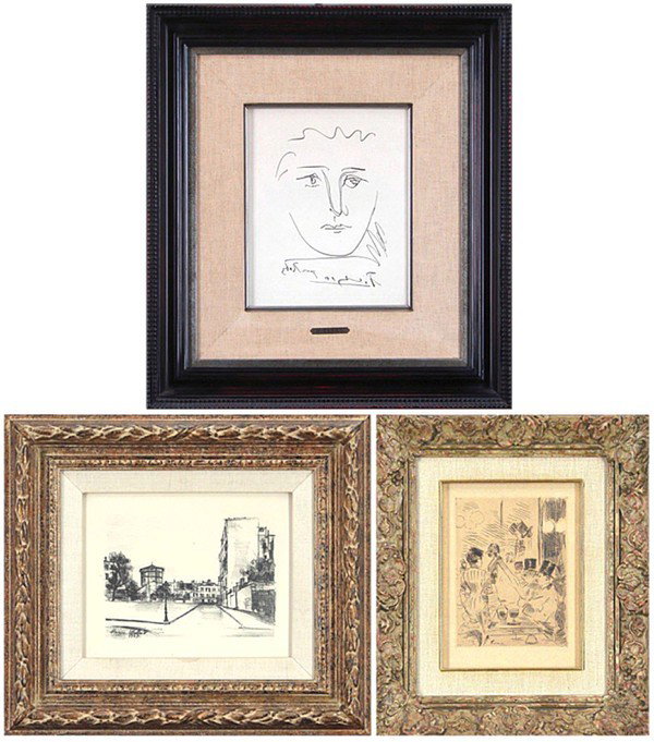Pablo Picasso, Maurice Utrillo & Jean-Louis Forain: Pablo Picasso, POUR ROBY (B.680), etching, signature in the plate, plate 9 ¼ x 7", faint discoloration; Together with Maurice Utrillo, MONTMARTE, 1927, lithograph, signed on the stone, image 5 ½ x 7