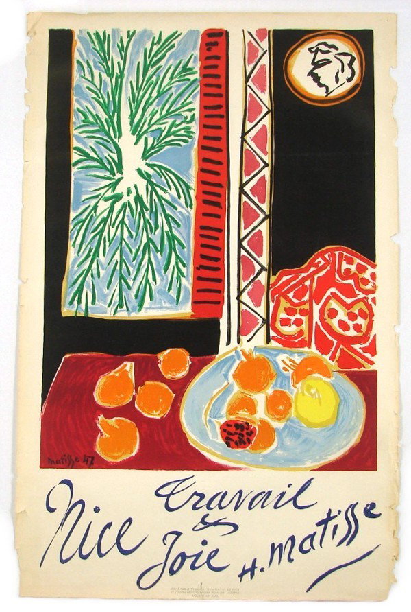 Poster Collection: Art Exhibitions, Theatrical, Fi: Henri Matisse, Travail Joie A Matisse, 1947, Edite Par Le Syndicat D'Initiative De Nice, color poster, 25 x 38 ¼", printed by Mourlot, Paris, tears at sheet edges, creases and soft handling creases; 