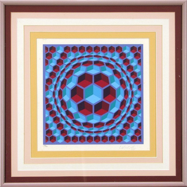 Victor Vasarely (1908-1997) Hungarian: HELIO series (Honeycomb), color screenprint, signed in pencil, from the numbered edition 250, image 11 ¾ x 11 ¾", full margins, framed with glass, discoloration spots in margins, otherwise in good c