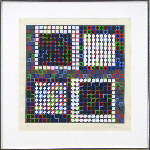 Victor Vasarely (1908-1997) Hungarian: UNTITLED, color screenprint, signed in pencil, from the numbered edition 250, image 16 x 16", full margins, framed with glass, discoloration and staining in margins, cockling, otherwise in good condit