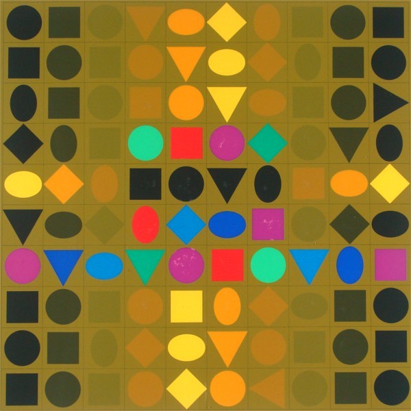 Victor Vasarely (1908-1997) Hungarian: UNTITLED GOLD, color screenprint, signed in pencil, from the numbered edition 425, image 24 x 24", full margins, framed with glass, discoloration, foxing in margins, oxidation type occurrence in the p