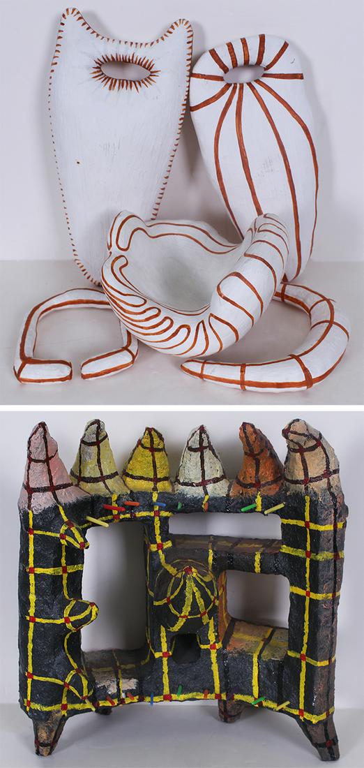 Michael Arata (20 th /21 st Century) California & KAT (two): Michael Arata BEARDS AND MUSTACHES, five, white and orange paint on tape and foam, signature not found, various sizes 15 x 7 x 3 ½” to 6 ¾ x 5 ¼ x 1”; KAT GO FASTER (C