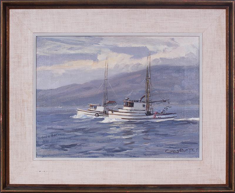 George Bates (1931-2009) Canadian: LEAVING HARBOR, oil painting on canvas, signed lower right, 12 x 16”, frame 18 ½ x 22 ½”. Provenance: Harrison Galleries, Canada.