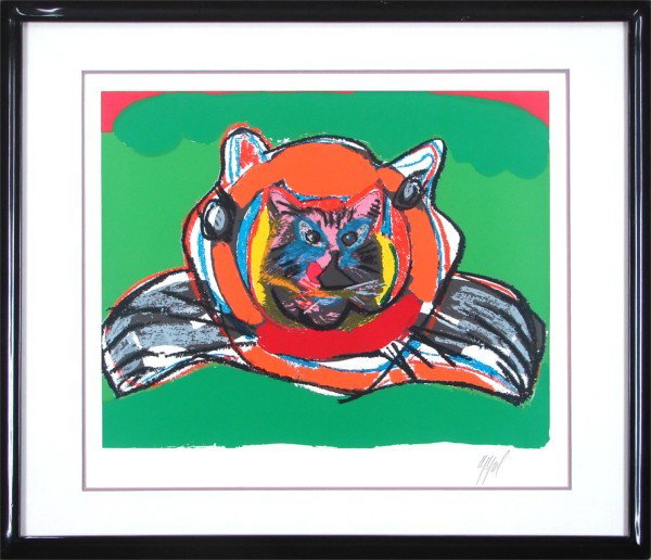 Karel Appel (1921-2006) Dutch: CAT ON CAT ON GREEN, color screenprint, signed in pencil, from the numbered edition 50, image 18 ½ x 23 ¼", full margins, framed with glass, pale discoloration lower margin, soft handling creases ma
