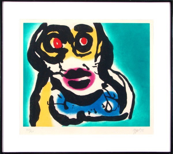 Karel Appel (1921-2006) Dutch: BROADWAY FACE, 1975, color carborundum gravure, signed in pencil, from the numbered edition 150, image 23 x 28 ¼", full margins, a few soft creases and speckles in margins, framed with glass, otherwi