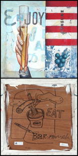 Bill Barminski (20th Century) American: CONSUME, enamel with collage and aging technique on canvas over panel, signed on verso along with extensive marker drawing, 24 x 24". Provenance: Robert Berman Gallery