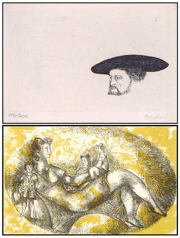 Leonard Baskin (1922-2000) & Chaim Gross (1904-1991: Leonard Baskin, REMBRANDT, etching, signed in pencil, from the numbered edition 200, plate 2 ½ x 4", large margins, framed with glass; Together with Chaim Gross, HAPPY MOTHER, 1975, color lithograph,