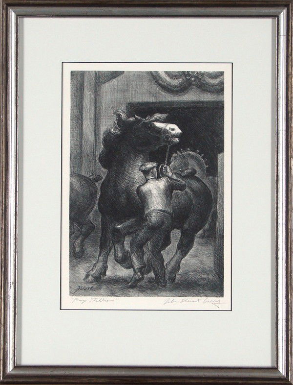 John Steuart Curry (1897-1946) American: PRIZE STALLIONS (C.31), 1938, lithograph, signed and titled in pencil, edition of 250, image 12 ¾ x 8 ¾", full margins, AAA Publishing, framed, a couple of tiny specks lower margin, otherwise in goo