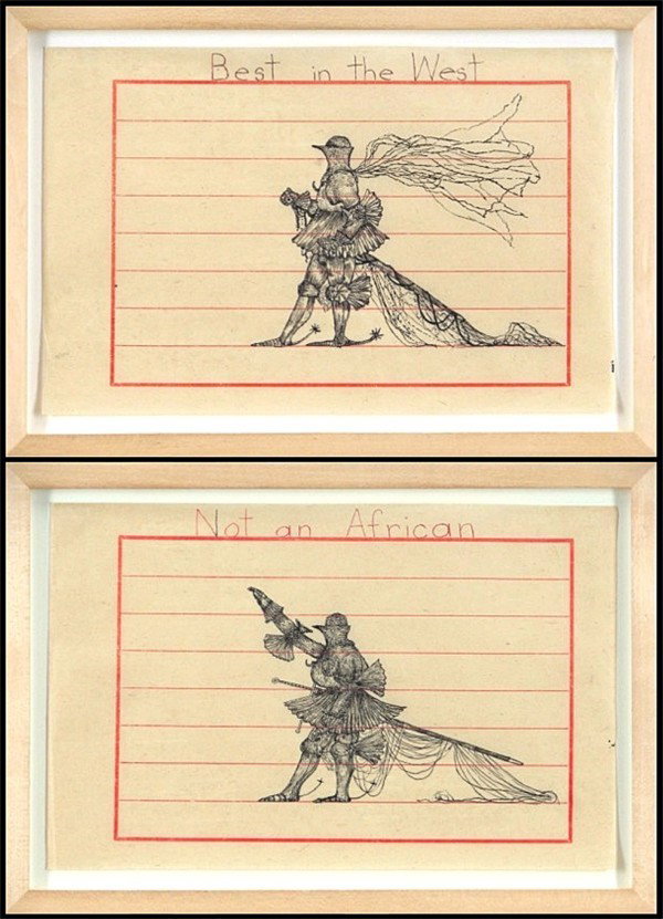 Chris Hammerlein (b. 1962) American (two): BEST IN THE WEST; NOT AN AFRICAN, 1996, each an ink drawing on paper, 11 ¼ x 7 ¼", framed, in good studio condition. (2)