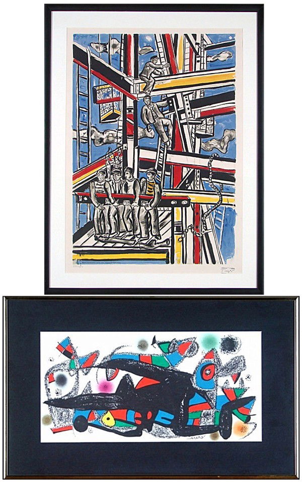 after Fernand Leger (1881-1955) & Joan Miro (1893-: SKY-SCRAPER WORKERS, 1975, color lithograph by Henri Deschamps, with the Leger stamp lower right, from the numbered edition 250, printed by Mourlot, image 29 ¾ x 21", full margins, framed with glass;