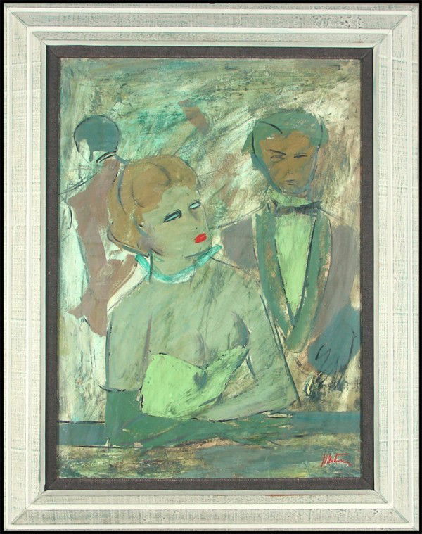 Charles Levier signed Maurice Verrier (1920-2003): COUPLE IN GREEN, oil painting on board, signed lower right, 30 x 22", framed, surface soiling, small losses, otherwise in good condition.