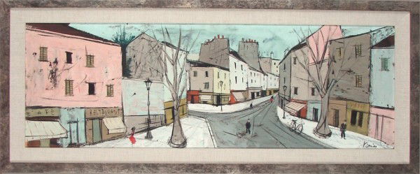Charles Levier signed Maurice Verrier (1920-2003): EUROPEAN STREET SCENE, oil painting on board, signed lower right, 15 x 44", framed, surface soiling, otherwise in good condition.