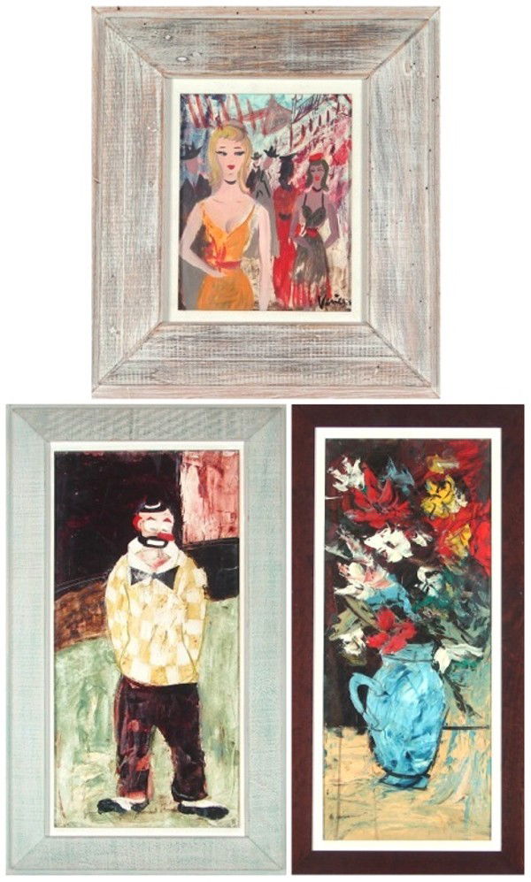Charles Levier signed Maurice Verrier (1920-2003): Charles Levier, WOMEN ON THE STREETS, oil painting on board, signed lower right, 10 x 8"; STANDING CLOWN, oil painting on board, signed lower right, 30 x 15", surface scuffs, both framed; Together wit