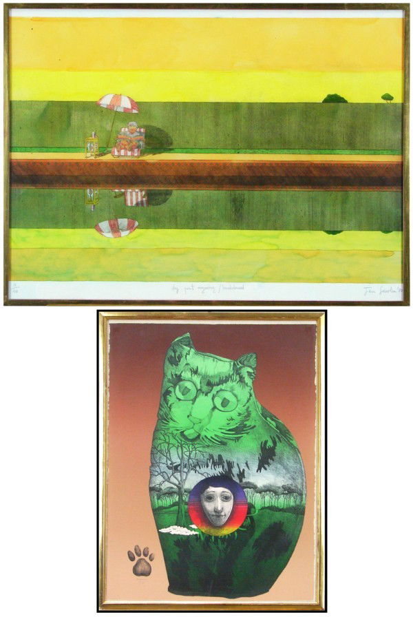 Jan Sawka (b. 1949) & Moris Broderson (1928-2011): Jan Sawka, SWIMMING POOL, 1980, hand-colored drypoint engraving, signed in pencil, from the numbered edition 40, sheet 22 x 30", framed with glass; Together with Moris Broderson, CAT, color lithograph