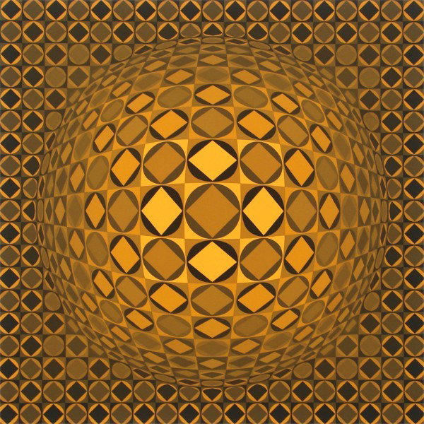 Victor Vasarely (1908-1997) Hungarian: UNTITLED (orange/brown globe), color screenprint, signed in pencil, from the numbered edition 250, image 24 ¼ x 24 ¼", full margins, soft handling creases and dimples, mainly in lower margins, other