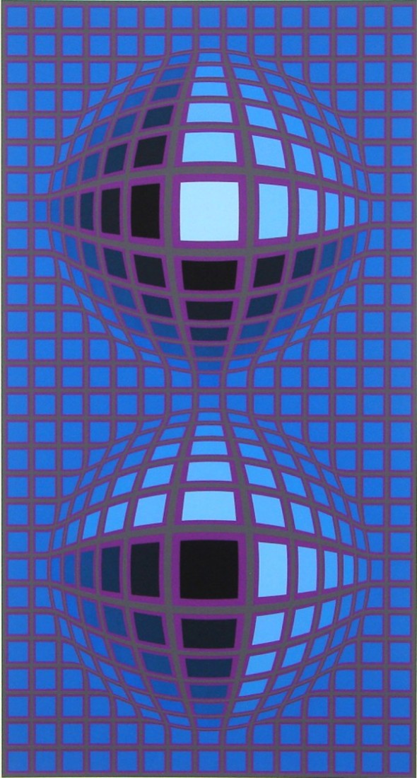 Victor Vasarely (1908-1997) Hungarian: UNTITLED (purple/blue globes), color screenprint, signed in pencil, from the numbered edition 325, image 34 ¾ x 18 ¾", full margins, soft handling creases mainly in the margins, faint surface soilin