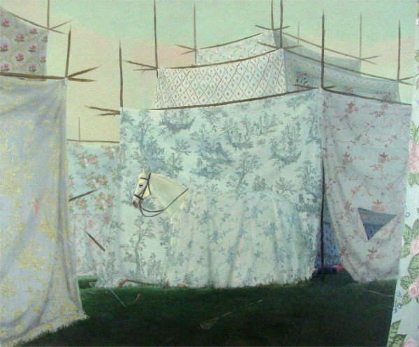 Michael Wetzel (b. 1966) American: WAR HORSE, 2003, oil painting on canvas, signed and dated on verso, 38 x 46", small dimple upper left, otherwise in good condition.