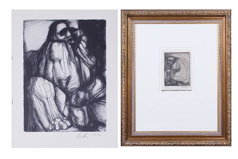 Arnold Belkin (1930-1992) Canada Mexico (two): SEATED FUGIRE, 1962, etching, signed and numbered 14/18 in pencil, sheet 6 ¼ x 4 ½”, frame 20 x 16 ½” with glass; Together with COUPLE, 1962, offset lithograph,