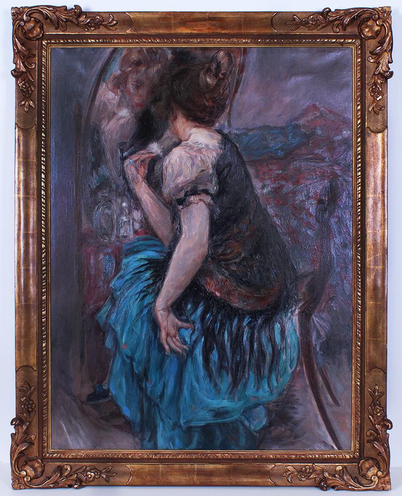 Charles Bisschops (1894-1975) Belgium: LA COQUETTE ANDALOUSE, oil painting on canvas, signed upper right, some hand-written tags and a Louis Manteau Bruxelles label on verso, 36 x 28”, frame 42 x 33 ¼”.