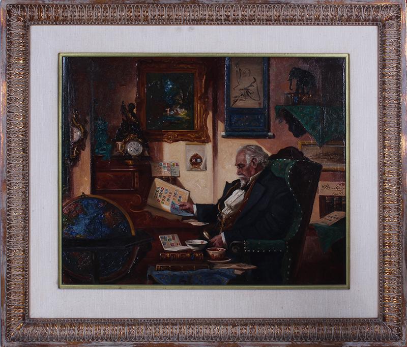 Curt Bruckner (1896-1971) Chilean German: STAMP COLLECTOR, 1967, oil painting on canvas, signed and dated center right, 16 x 20”, frame 23 ¼ x 27”. Provenance: Wilshire Art Gallery.