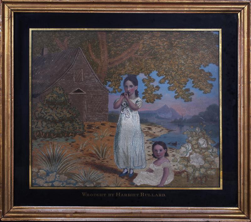 Bullard Family (19 th Century) Boston: THE TWO DAUGHTERS OF LEWIS BULLARD IN A LANDSCAPE, embroidery and brocade with color pastel, label with inscriptions on frame verso, frame 15 x 17” with hand-painted glass.