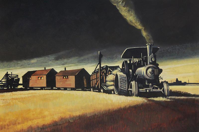 Alfred Davey (1907-1986) Canadian: TRAIN THROUGH THE WHEAT FIELD, circa 1967, oil painting on Masonite, signed lower right, 24 x 30”, frame 28 ¼ x 34 ¼”.