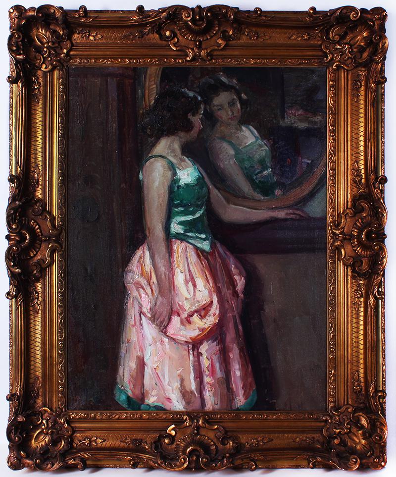 Hubert Glansdorff (1877-1964) Belgium: YOUNG LADY BY MIRROR, oil painting on canvas, signed lower left, 32 x 24”, frame 41 ½ x 34 x 4”.