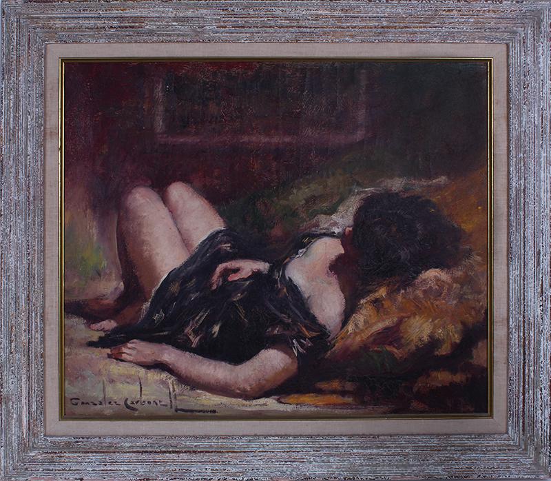 Rosendo Gonzalez Carbonell (1910-1984): RECLINING WOMAN IN BLACK SLIP, oil painting on canvas, signed lower left, 20 x 24”, frame 26 ½ x 30 ½”. Provenance: Wilshire Art Gallery.