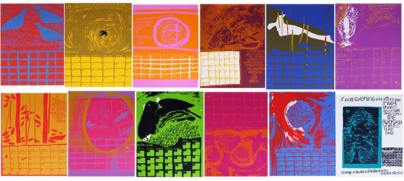 Circle of Sister Mary Corita Kent (1918-1986) California (twelve): CALENDAR, 1967, twelve color screenprints and cover page, sheets average 23 ¾ x 18 ½”. (12)