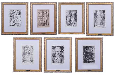 Mariette Lydis  (1890-1970) French  (seven): THE BEGGARS OPERA Series, 1937, seven lithographs, each signed in pencil, images 10 &frac14; x 6 &frac34;&rdquo;, full margins, frames 21 x 17&rdquo; with glass, one frame lacking glass. (7)