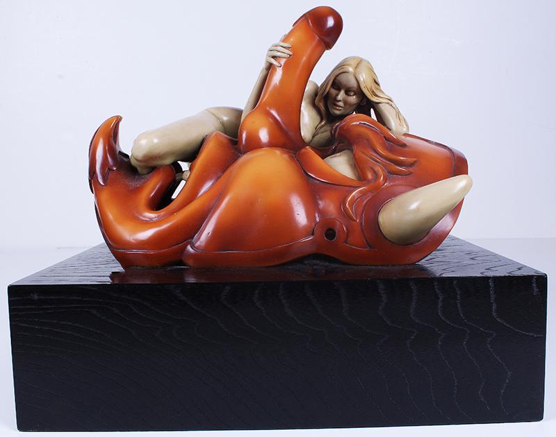 Ralph Massey (b. 1938) California: EROTIC SHUNGA MASK, 1977, cast polyester resin sculpture with airbrush lacquer finish, signed and numbered 1/12, a unique from an unrealized edition of 12, with artist designed wood base overall 13 &f