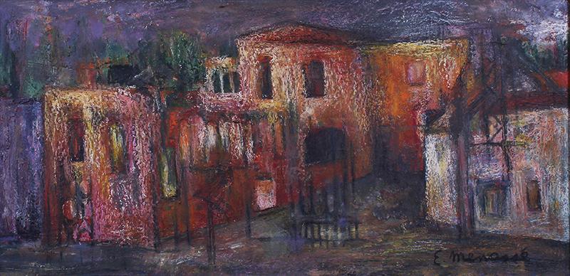 Eliana MenassÃ© (b. 1930) Mexico: CITY SCENE, oil painting and crayon on Masonite, signed lower right, 11 ¾” x 24 ¾”, frame 16 ½ x 29 ½”.