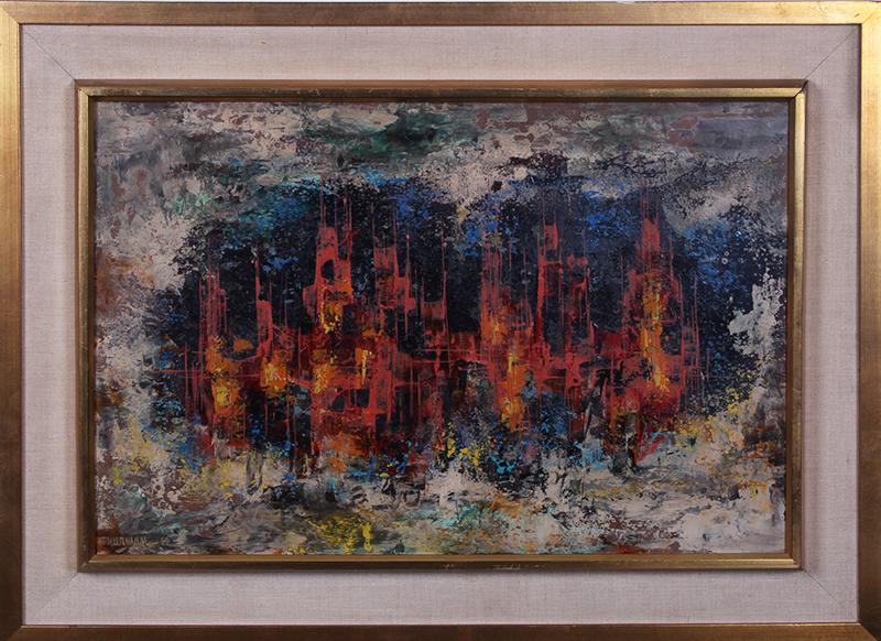 Leonardo Nierman (b. 1932) Mexico: CUIDAD EN LA NIEVE, 1960, oil painting on Masonite, signed and dated lower left, 16 x 24”, partial gallery label on verso, frame 20 ¼ x 30 ¼”.