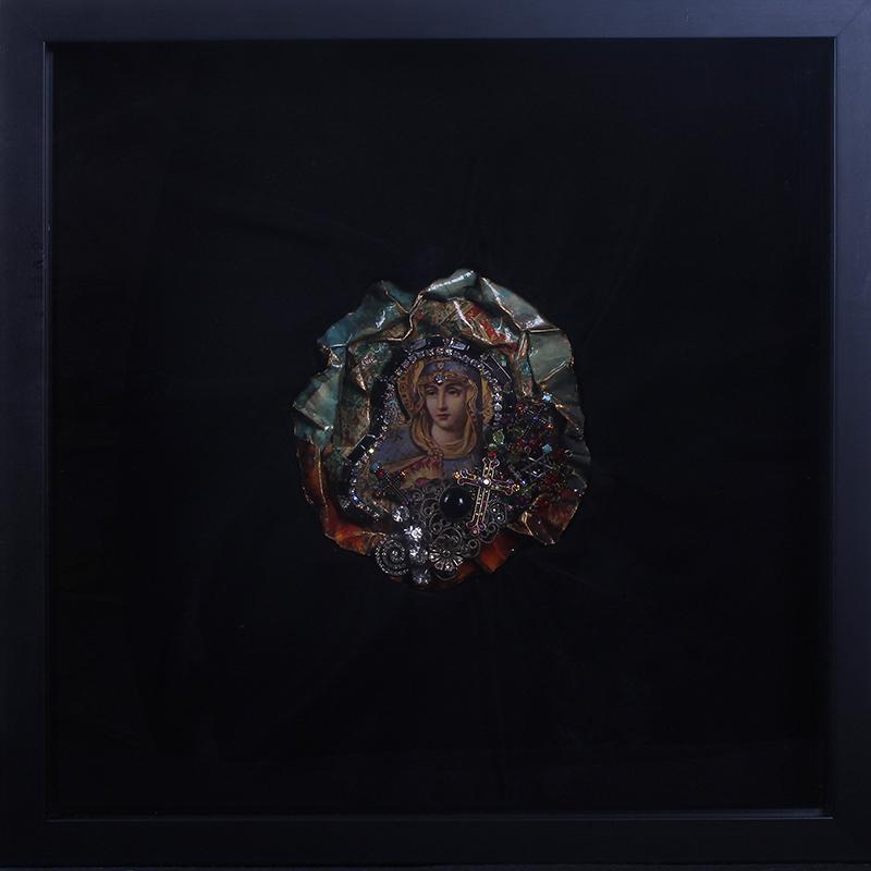 Shayna Saide La Beouf (1942-2022) New York California: UNIVERSALE WISDOM, 2013, one of a kind mixed media collage, signed and titled and dated on verso of artist designed frame 15 ¼ x 15 ¼ x 2 ½” with Plexiglas.