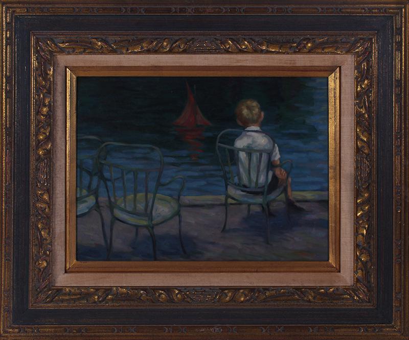 Lionel Talbot (1921-1990) California: BOY IN PARK, oil painting on Masonite, signed lower right, 12 ¼ x 15 ¾”, frame 21 ¼ x 25 ¼”. Provenance: Wilshire Art Gallery.