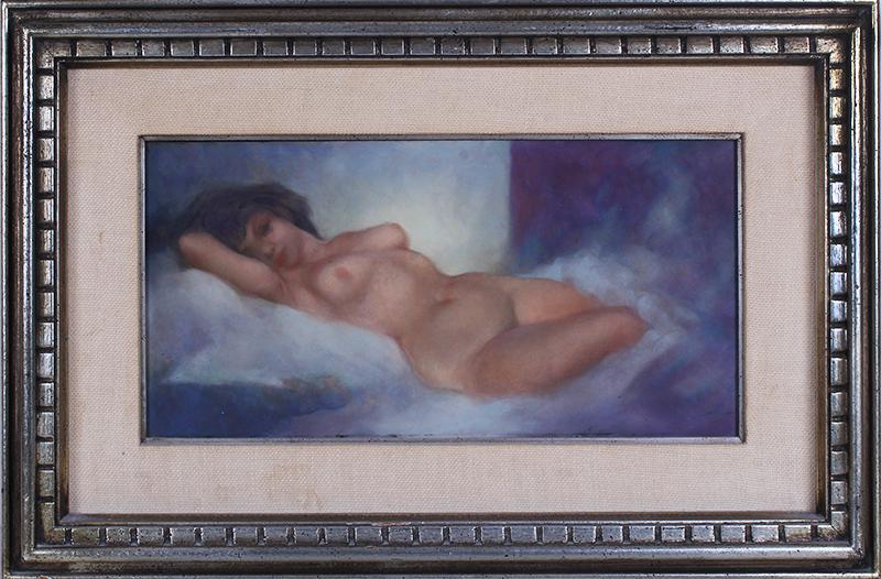 Lionel Talbot (1921-1990) California: RECLINING NUDE, oil painting on Masonite, signed lower right, 8 x 16”, frame 15 ¼ x 23 ½”. Provenance: Wilshire Art Gallery.