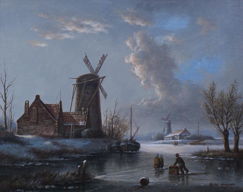 Anton Vennekamp (20th Century) Netherlands: SCENIC VIEW WITH WINDMILL, oil painting on canvas, signed lower right, 20 x 24”, frame 25 x 29”.