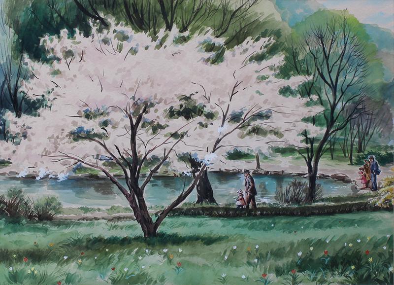 Robert R. Young (20th Century) Pennsylvania: PARK SCENE, watercolor on paper, signed lower left, sight 16 ½ x 22 ½”, frame 27 x 33” with glass.
