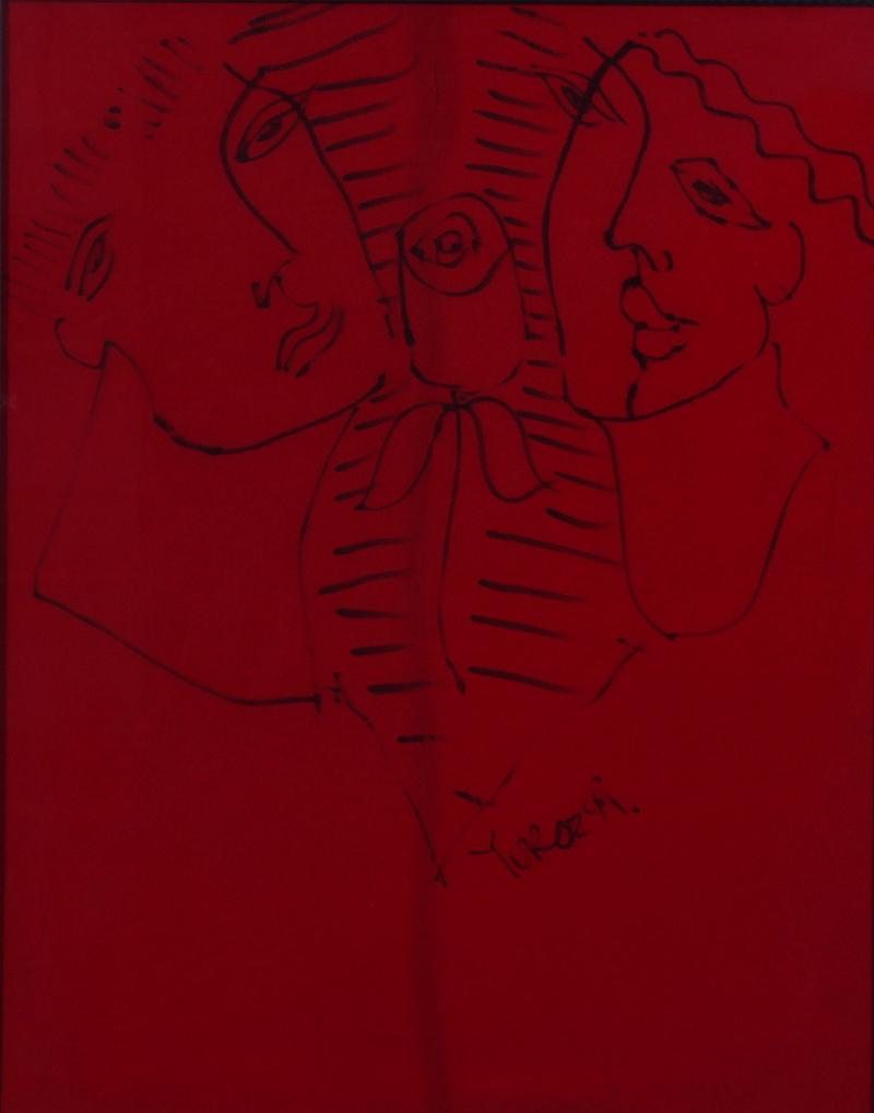 Yuri Yuroz (b. 1956) Armenia, California: UNTITLED, 1994, felt pen on stitched red silk, signed and dated lower right, sight 19 x 15”, frame 30 ½ x 27” with Plexiglas.