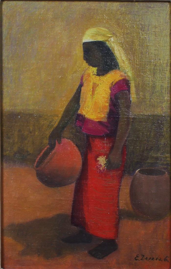 Eva Zepeda (1932-2011) Mexico: TEHOUANTEPEC, 1962, oil painting on canvas over Masonite, signed and dated lower right, 11 ¾ x 7 ¾”, frame 20 x 16”.