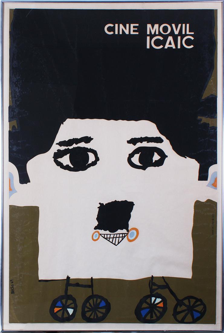 Eduardo Munoz Bachs (1937-2001) Cuban: CINE MOVIL ICAIC, 1969, color screenprint poster for a 1974 Charlie Chaplin Film Festival in Cuba, discardable frame 45 ½ x 30 ¼”.