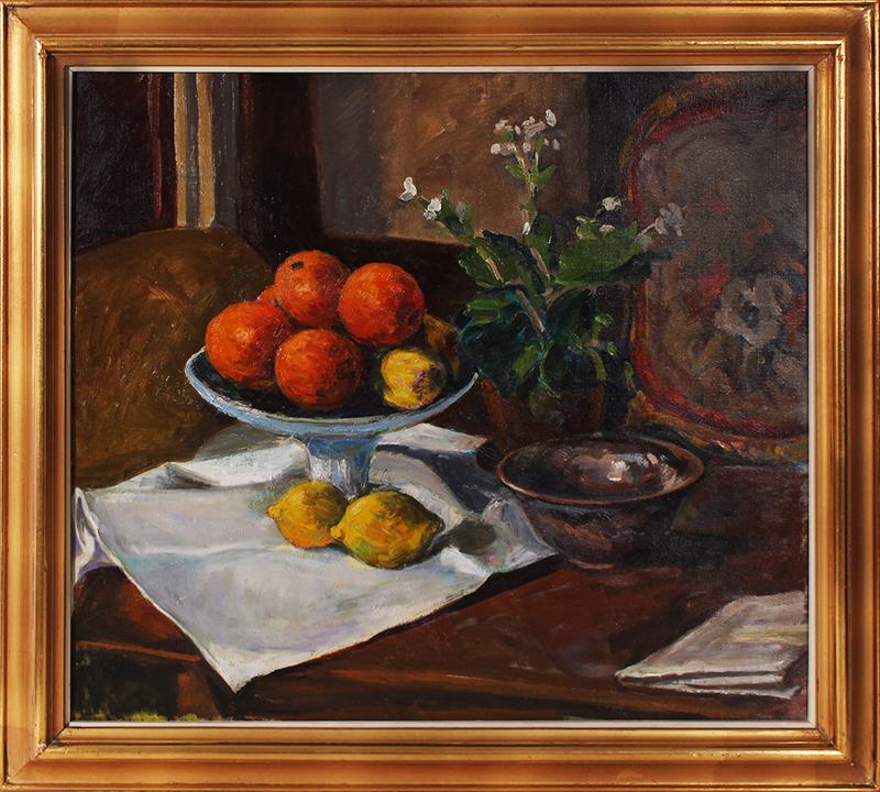 Hansen (mid-20 th Century): STILL LIFE WITH ORANGES, 1958, oil painting on canvas, signed and dated on verso, 20 ½ x 23”, frame 24 ¾ x 27 ¼”.