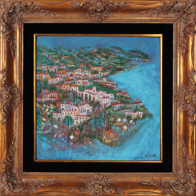 Giuseppe Di Lieto (1926-2004) Italian: COASTAL TOWNSCAPE, oil painting on Masonite, signed lower right, 14 x 14”, frame 21 ½ x 21 ½”.