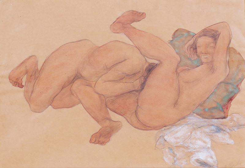 Odilon Roche (1868-1947) French: RECLINING COUPLE, watercolor on paper, signed lower right, sight 11 ¾ x 15 ¾”, frame 24 x 29” with glass.