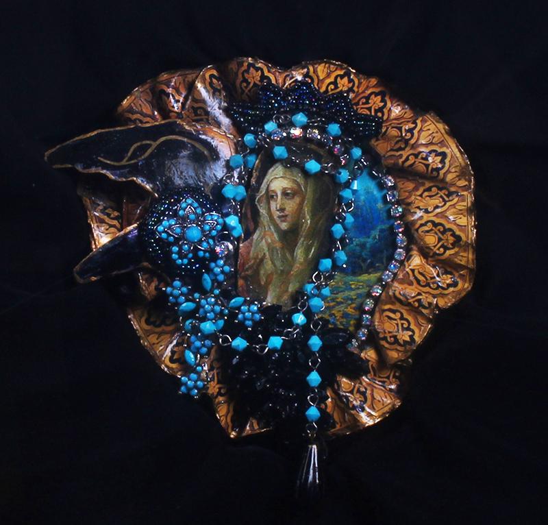 Shayna Saide La Beouf (1942-2022) New York California: BEHOLD THE WONDER, one of a kind mixed media collage, signed and titled and dated on verso of artist designed frame 15 ¼ x 15 ¼ x 2 ½” with Plexiglas.