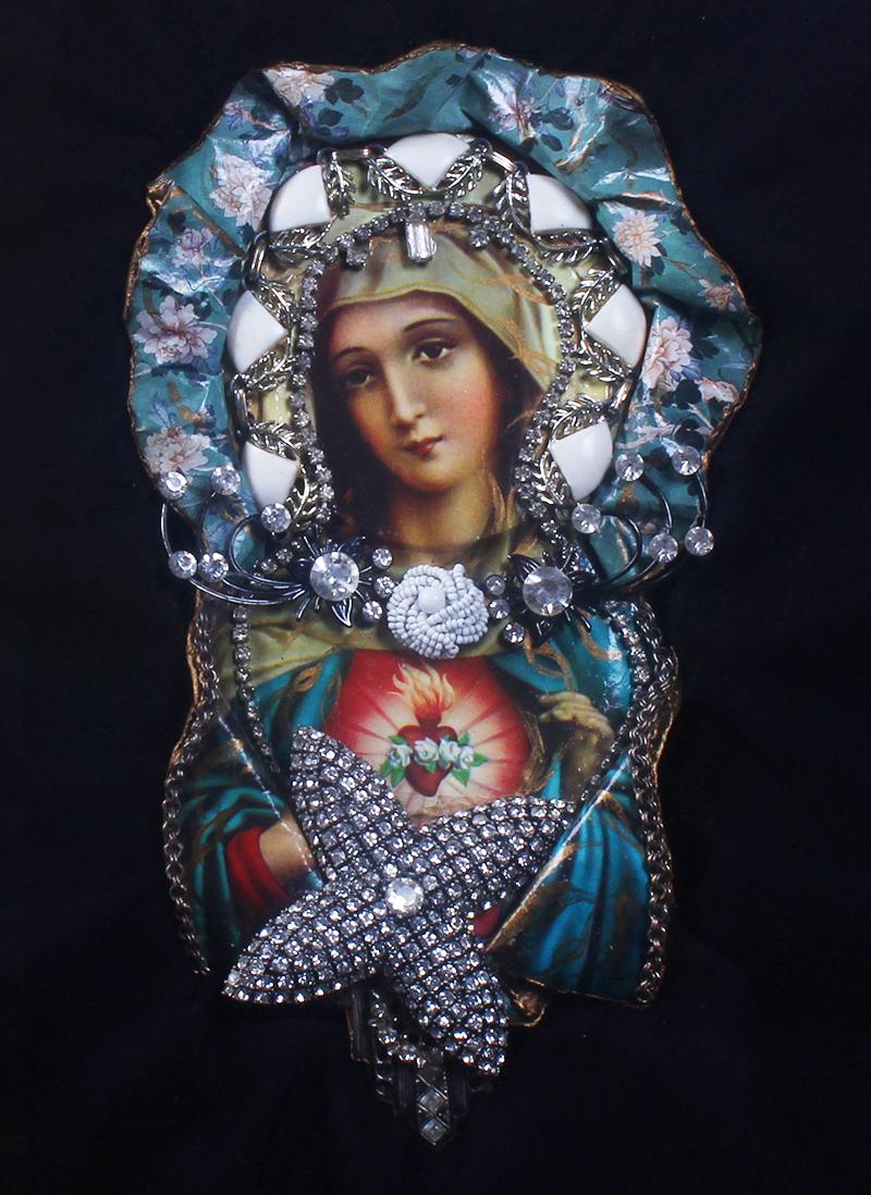 Shayna Saide La Beouf (1942-2022) New York California: LOVE HAS NOT EQUAL, one of a kind mixed media collage, signed and titled and dated on verso of artist designed frame 15 ¼ x 15 ¼ x 2 ½” with Plexiglas.